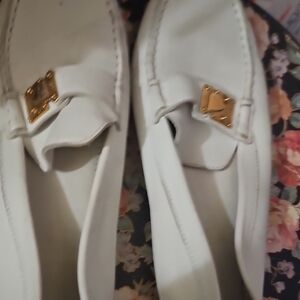 Louis Vuitton White Leather Loafers with Gold Hardware